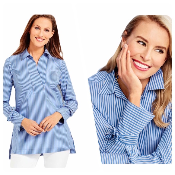 Talbots Tie-Cuff Popover Striped SP - Picture 1 of 6